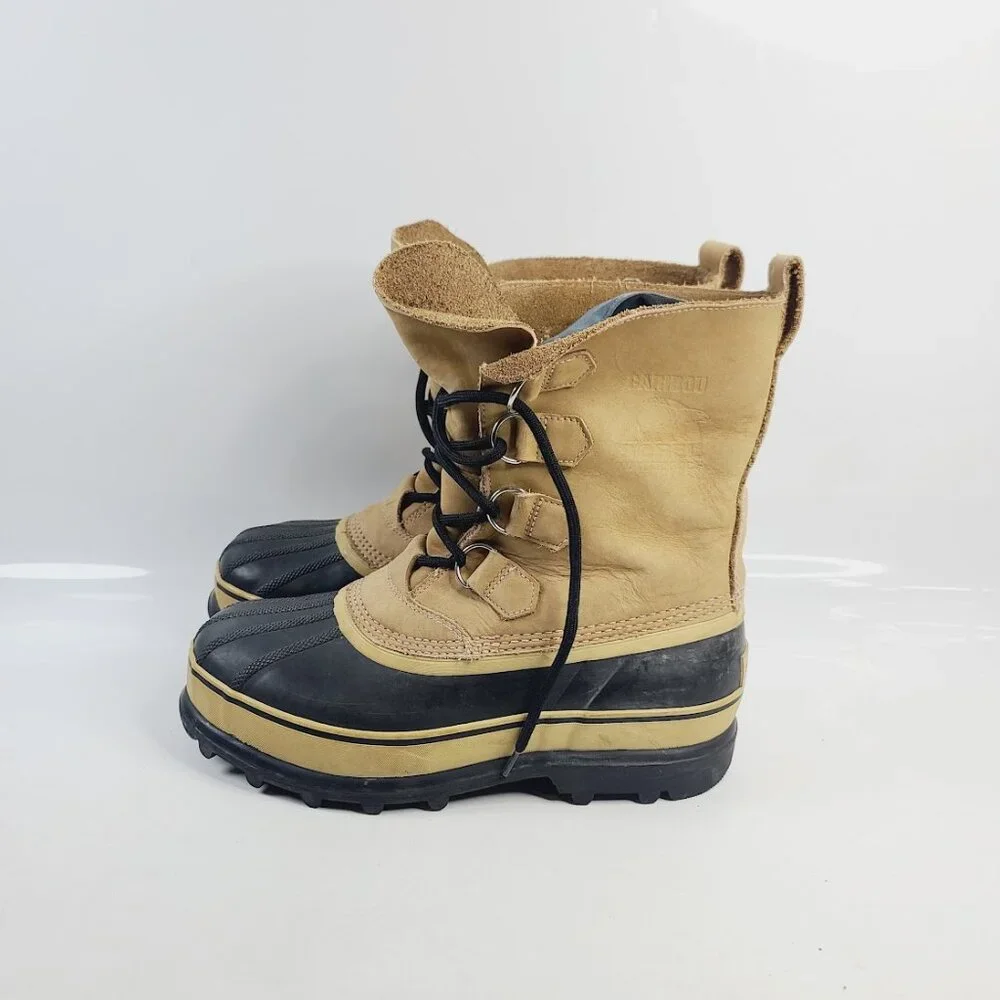 Sorel Men's Tan Black Caribou Nubuck Leather Mid-Calf Winter Snow Boots Size 8